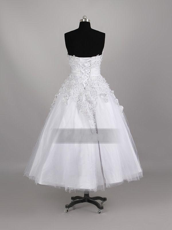 A-line Strapless Allover Lace Bodice Ruched Belt Tea Length Organza over Satin Wedding Dresses