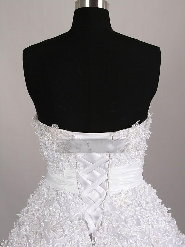 A-line Strapless Allover Lace Bodice Ruched Belt Tea Length Organza over Satin Wedding Dresses