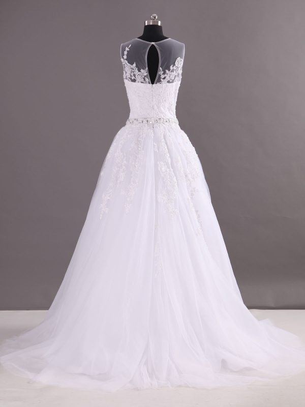 Ball Gown Sleeveless Illusion Scoop Neckline Jeweled Belt Keyhole Back Sweep Train Lace Tulle Wedding Dresses