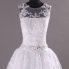 Ball Gown Sleeveless Illusion Scoop Neckline Jeweled Belt Keyhole Back Sweep Train Lace Tulle Wedding Dresses