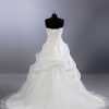 Ball Gown Scalloped Strapless Beaded Appliques Asymmetrical Ruched Chapel Train Bustled Organza Wedding Dresses