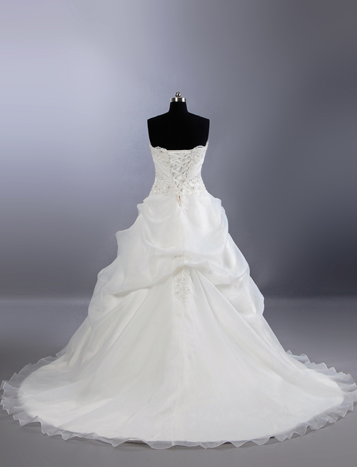 Ball Gown Scalloped Strapless Beaded Appliques Asymmetrical Ruched Chapel Train Bustled Organza Wedding Dresses