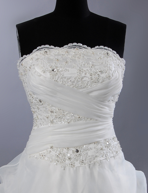 Ball Gown Scalloped Strapless Beaded Appliques Asymmetrical Ruched Chapel Train Bustled Organza Wedding Dresses