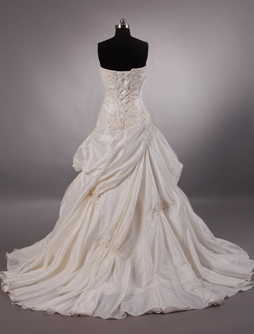 Ball Gown Strapless Beaded Appliques Asymmetrical Ruched Pick-up Chapel Train Satin Wedding Dresses