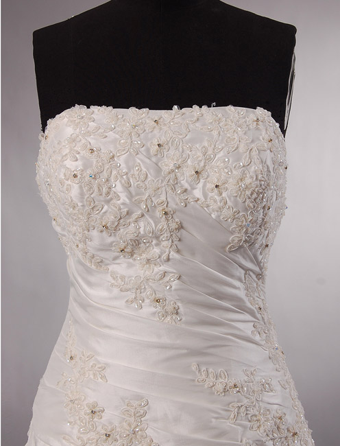 Ball Gown Strapless Beaded Appliques Asymmetrical Ruched Pick-up Chapel Train Satin Wedding Dresses