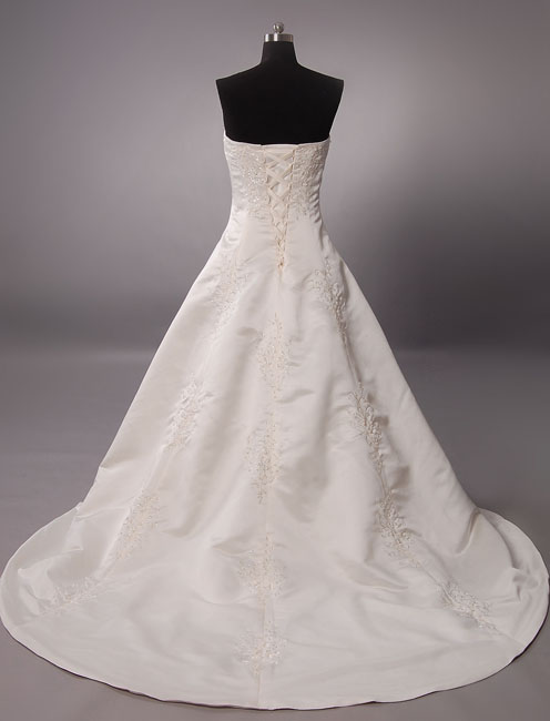 Elegant A-line Strapless Beaded Embroidered Asymmetrical Ruched Chapel Train Satin Wedding Dresses