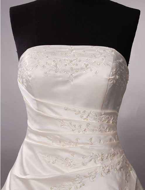 Elegant A-line Strapless Beaded Embroidered Asymmetrical Ruched Chapel Train Satin Wedding Dresses