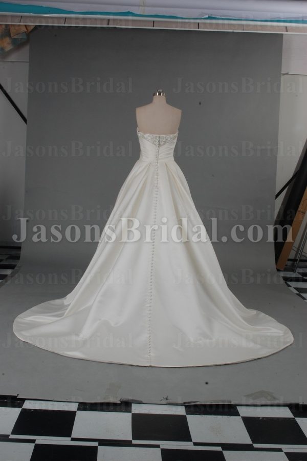 A-line Satin Wedding Dress Strapless Beaded Embroidery Bodice Ruched with Chapel Train