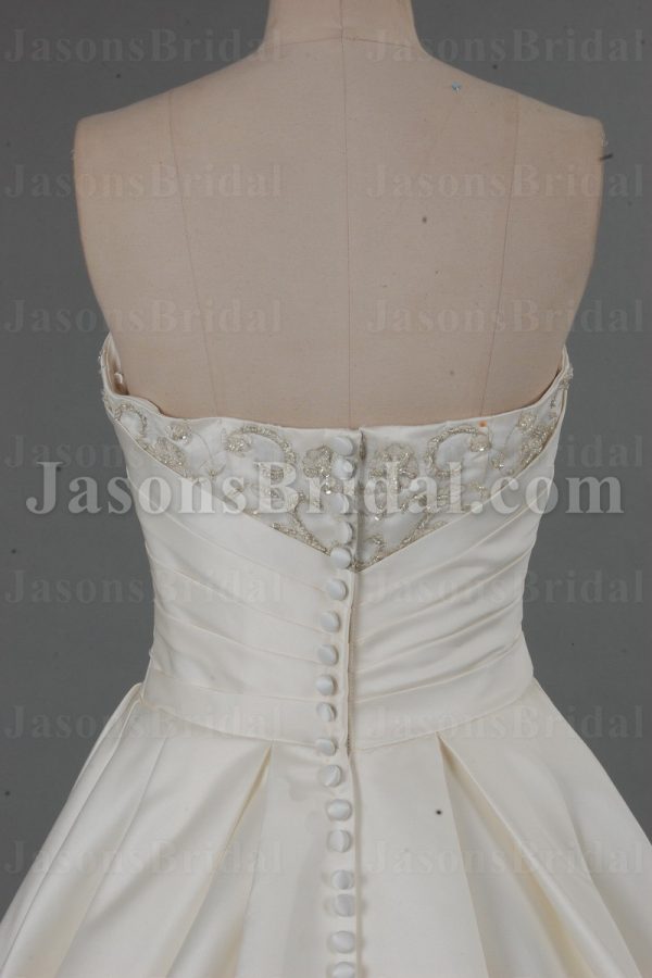 A-line Satin Wedding Dress Strapless Beaded Embroidery Bodice Ruched with Chapel Train