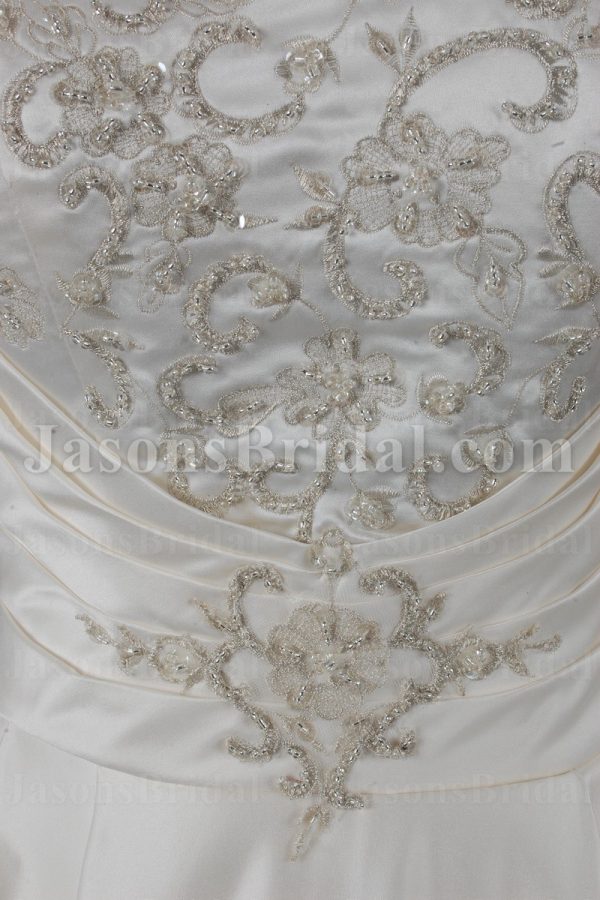 A-line Satin Wedding Dress Strapless Beaded Embroidery Bodice Ruched with Chapel Train