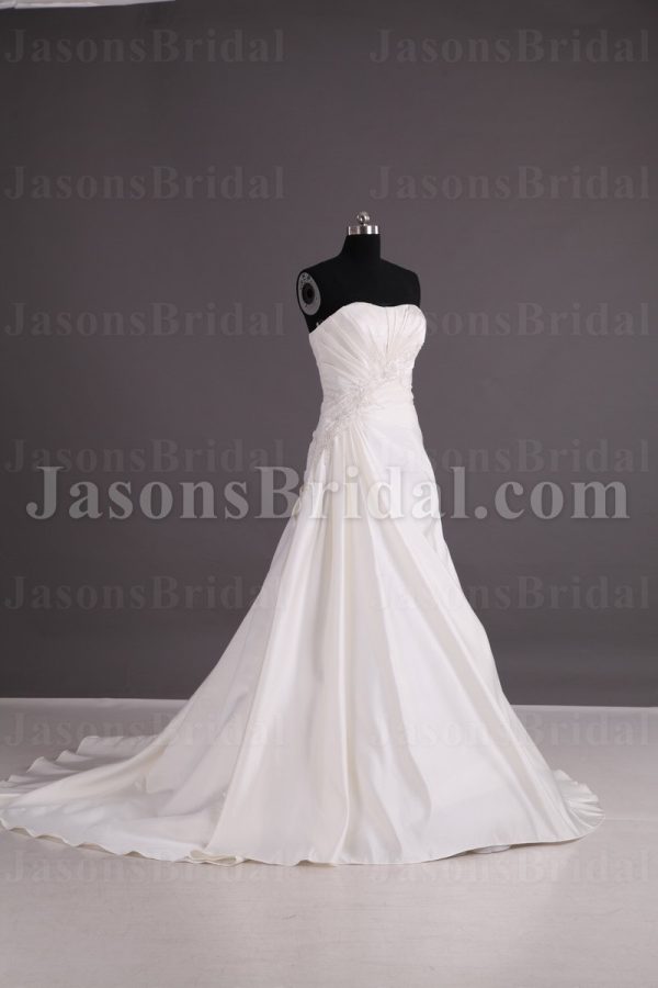 Princess A-line Satin Wedding Dress Sweetheart Beaded Embellished Asymmetrical Ruched with Chapel Train