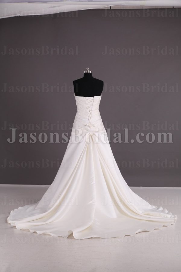 Princess A-line Satin Wedding Dress Sweetheart Beaded Embellished Asymmetrical Ruched with Chapel Train