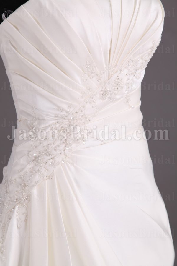 Princess A-line Satin Wedding Dress Sweetheart Beaded Embellished Asymmetrical Ruched with Chapel Train