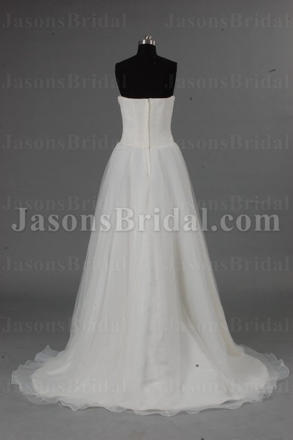 A-line Tulle Wedding Dress Feathers Embellished Sweetheart Ruched Bodice with Chapel Train