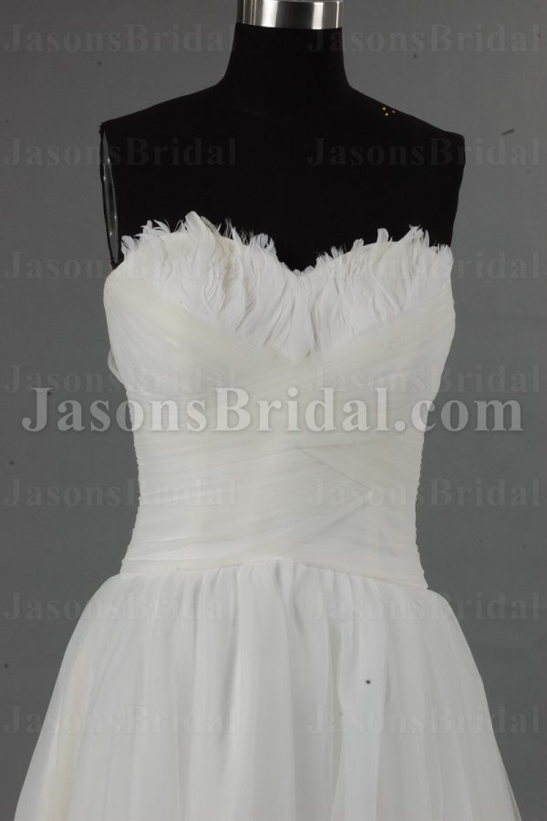 A-line Tulle Wedding Dress Feathers Embellished Sweetheart Ruched Bodice with Chapel Train