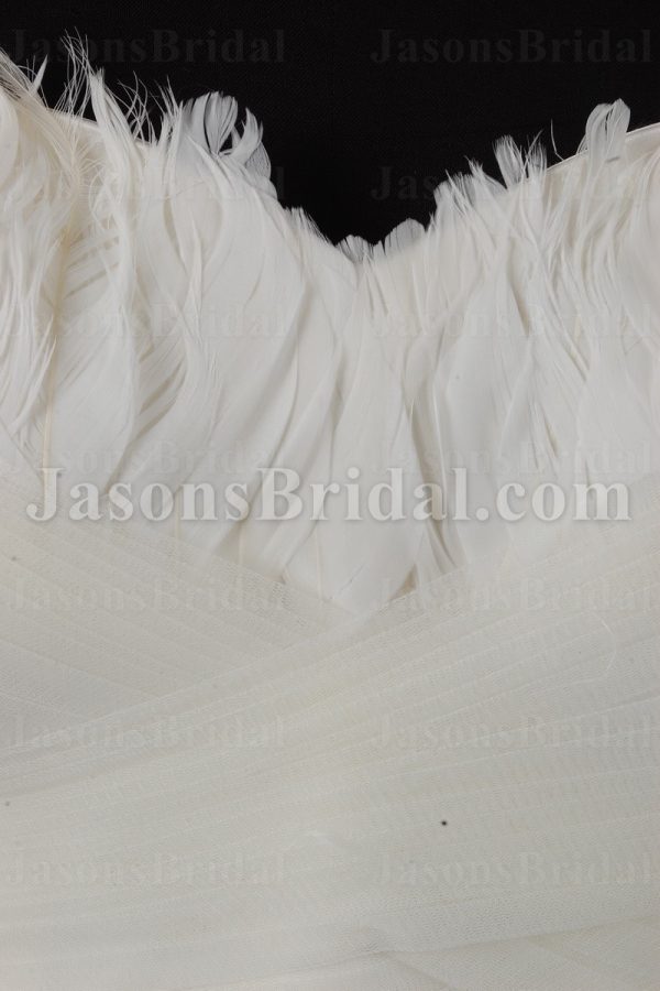 A-line Tulle Wedding Dress Feathers Embellished Sweetheart Ruched Bodice with Chapel Train
