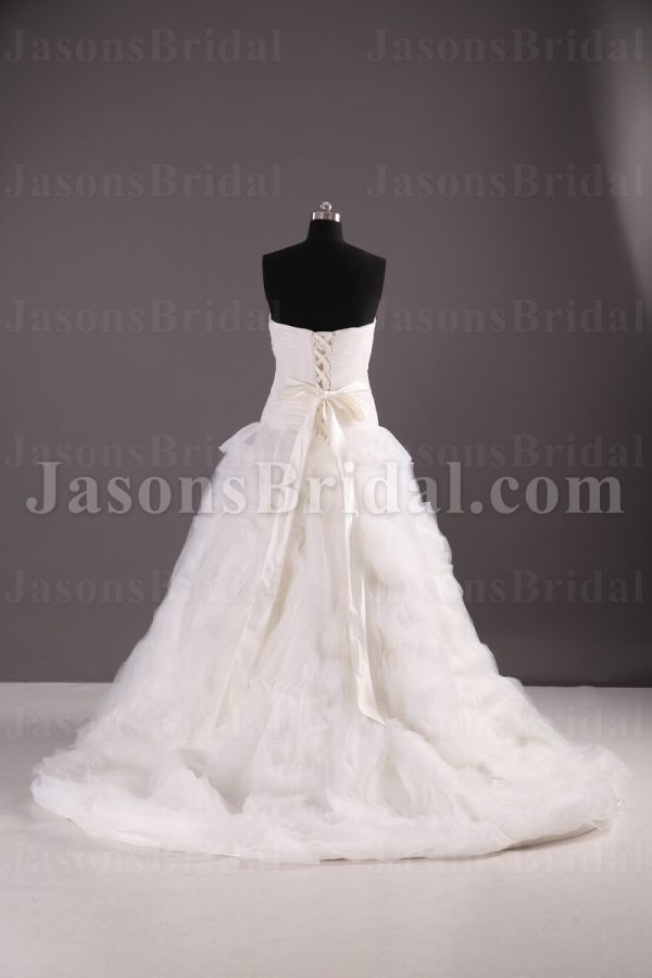 Ballgown Tulle Wedding Dress Feathers Embellished Sweetheart Beaded Band Dropped Waist Swirls Skirt with Chapel Train
