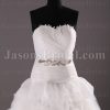 Ballgown Tulle Wedding Dress Feathers Embellished Sweetheart Beaded Band Dropped Waist Swirls Skirt with Chapel Train