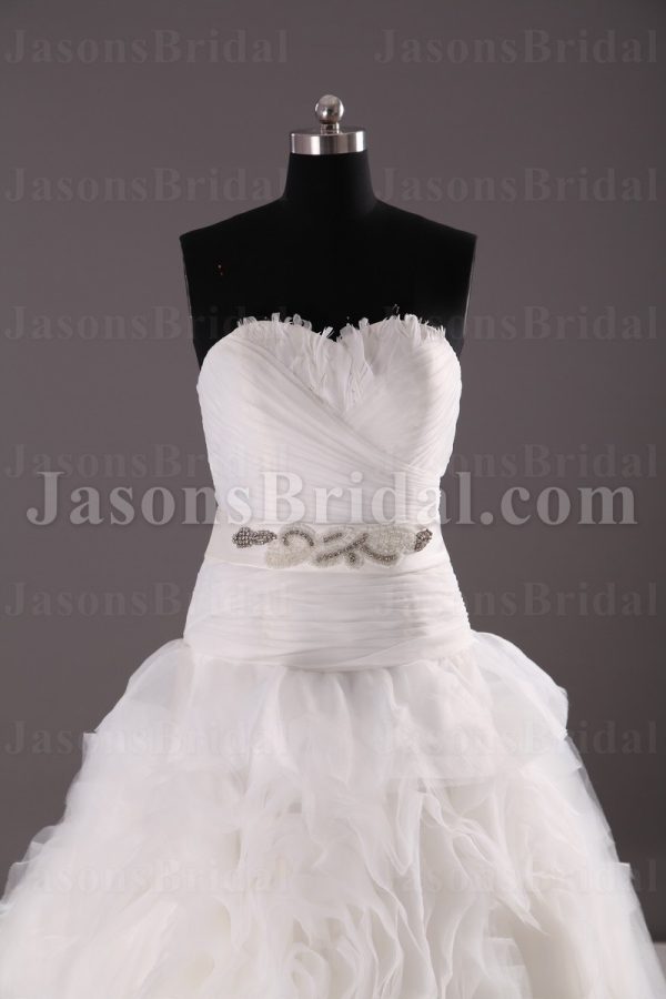 Ballgown Tulle Wedding Dress Feathers Embellished Sweetheart Beaded Band Dropped Waist Swirls Skirt with Chapel Train
