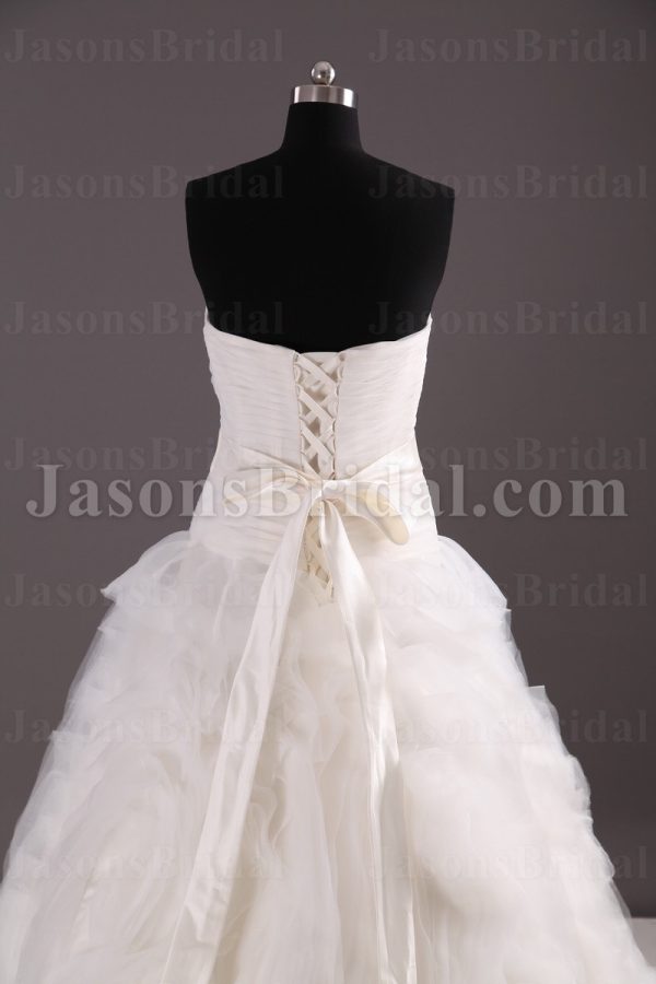 Ballgown Tulle Wedding Dress Feathers Embellished Sweetheart Beaded Band Dropped Waist Swirls Skirt with Chapel Train