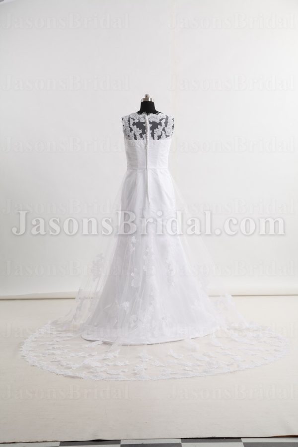 Fit-and-Flare Lace Wedding Dress Queen Anne Neckline Sleeveless Beaded Embellished with Chapel Train