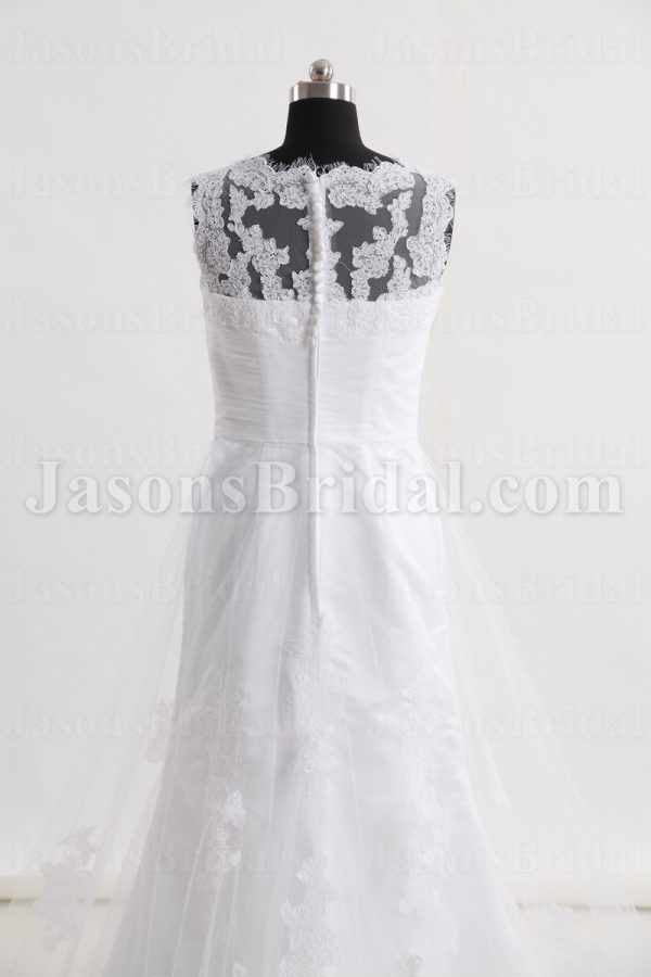 Fit-and-Flare Lace Wedding Dress Queen Anne Neckline Sleeveless Beaded Embellished with Chapel Train