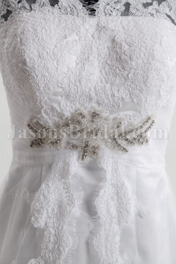 Fit-and-Flare Lace Wedding Dress Queen Anne Neckline Sleeveless Beaded Embellished with Chapel Train