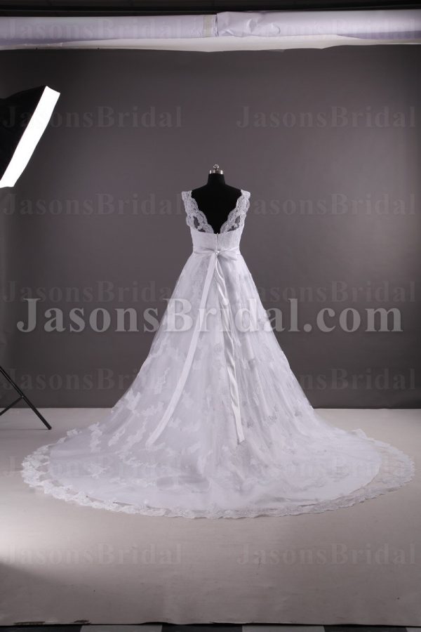 A-line Lace Wedding Dress Sleeveless V-neck V-back Beaded Embellished Band Tulle with Chapel Train