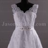 A-line Lace Wedding Dress Sleeveless V-neck V-back Beaded Embellished Band Tulle with Chapel Train
