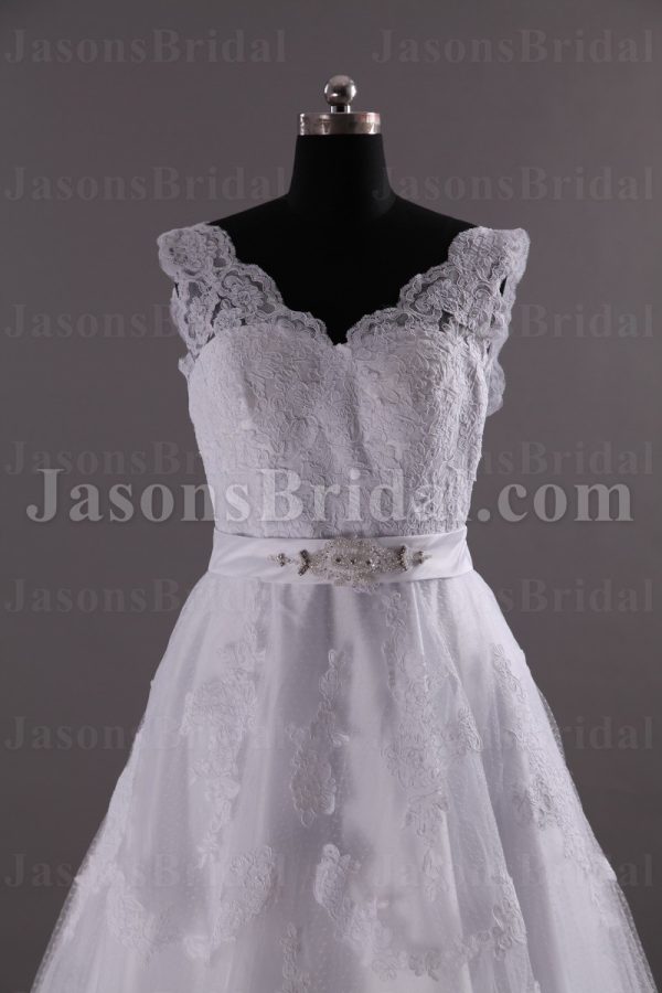 A-line Lace Wedding Dress Sleeveless V-neck V-back Beaded Embellished Band Tulle with Chapel Train