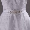 A-line Lace Wedding Dress Sleeveless V-neck V-back Beaded Embellished Band Tulle with Chapel Train