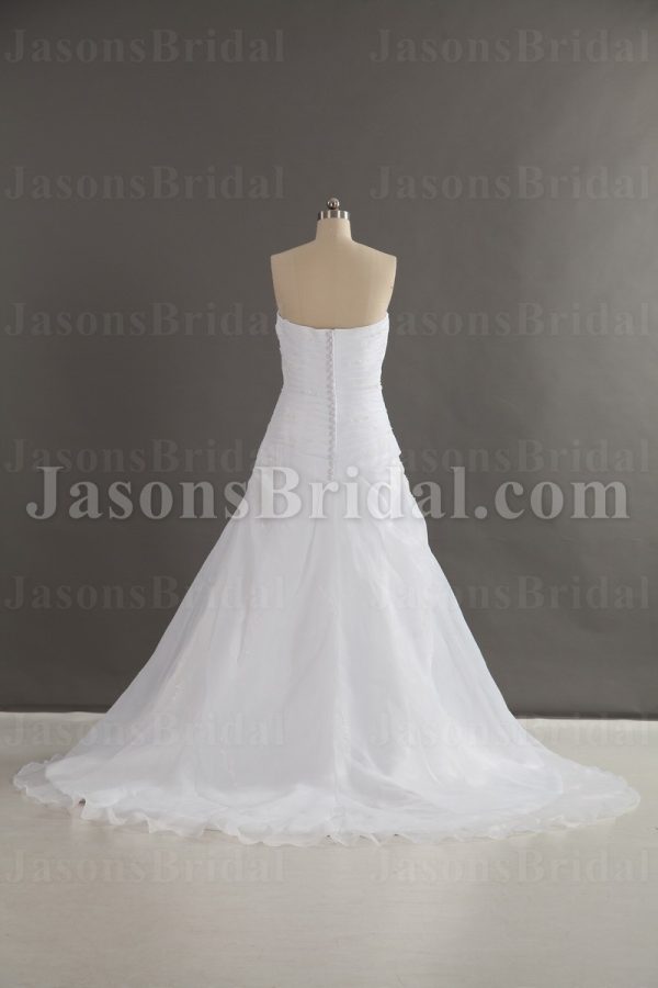 Fit-and-Flare Organza Wedding Dress Strapless Sweetheart Beaded Asymmetrical Ruched with Court Train