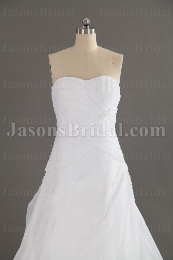 Fit-and-Flare Organza Wedding Dress Strapless Sweetheart Beaded Asymmetrical Ruched with Court Train