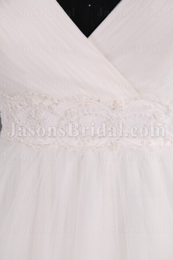 Ballgown Tulle Wedding Dress Sleeveless V-neck Beaded Embellished with Chapel Train