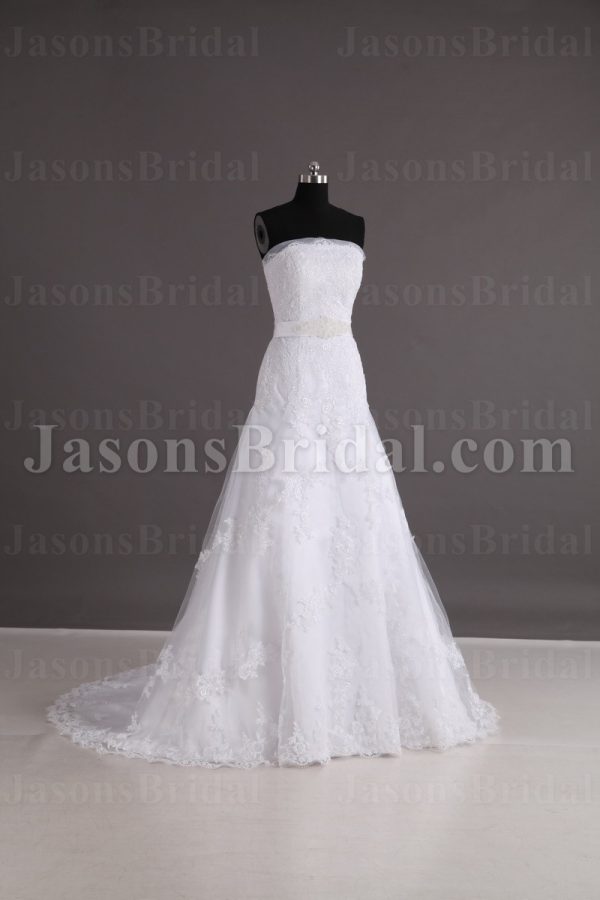 Fit-and-Flare Lace Wedding Dress Strapless Appliques Beaded Embellished Band with Court Train