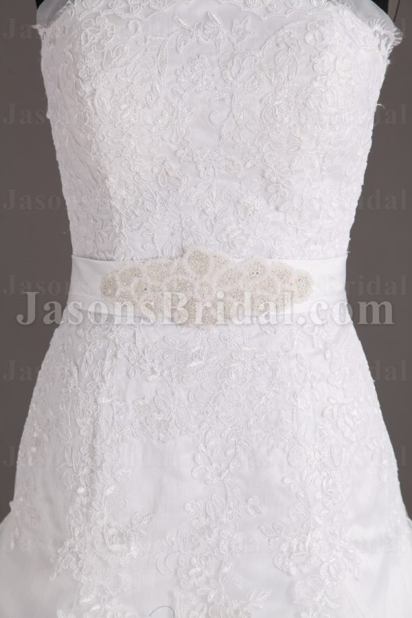 Fit-and-Flare Lace Wedding Dress Strapless Appliques Beaded Embellished Band with Court Train