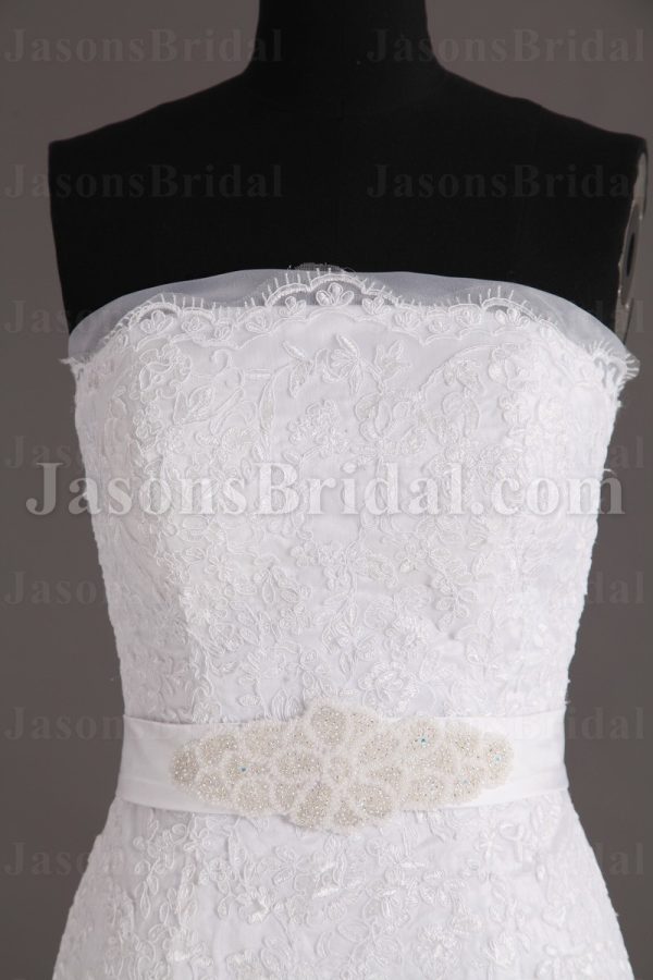 Fit-and-Flare Lace Wedding Dress Strapless Appliques Beaded Embellished Band with Court Train