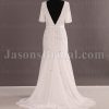 Modest Fit-and-Flare Chiffon Wedding Dress Half Sleeves V-neck V-back Beaded Embellished with Sweep Train