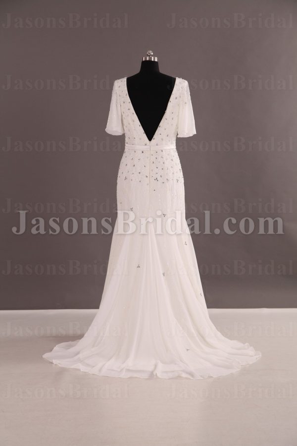 Modest Fit-and-Flare Chiffon Wedding Dress Half Sleeves V-neck V-back Beaded Embellished with Sweep Train