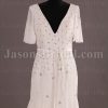 Modest Fit-and-Flare Chiffon Wedding Dress Half Sleeves V-neck V-back Beaded Embellished with Sweep Train