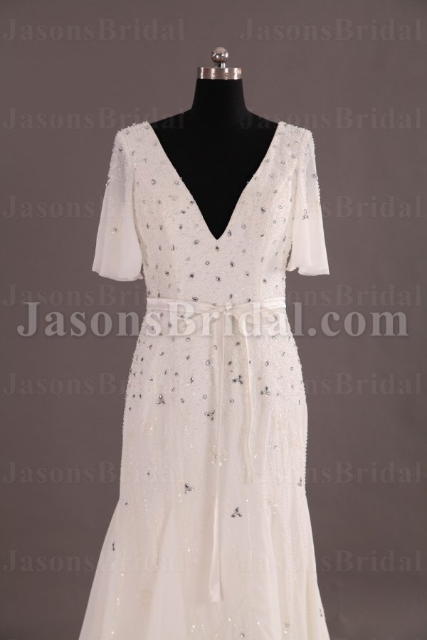Modest Fit-and-Flare Chiffon Wedding Dress Half Sleeves V-neck V-back Beaded Embellished with Sweep Train