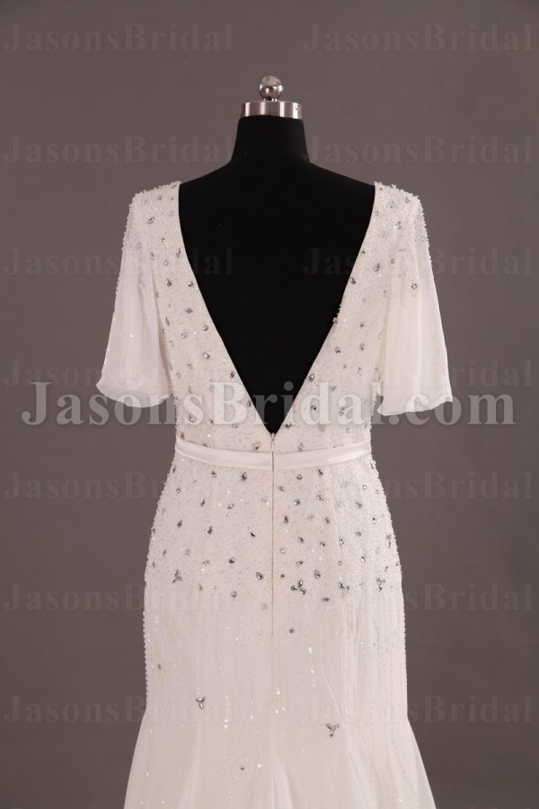 Modest Fit-and-Flare Chiffon Wedding Dress Half Sleeves V-neck V-back Beaded Embellished with Sweep Train