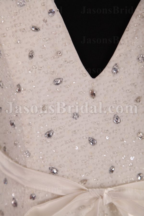 Modest Fit-and-Flare Chiffon Wedding Dress Half Sleeves V-neck V-back Beaded Embellished with Sweep Train