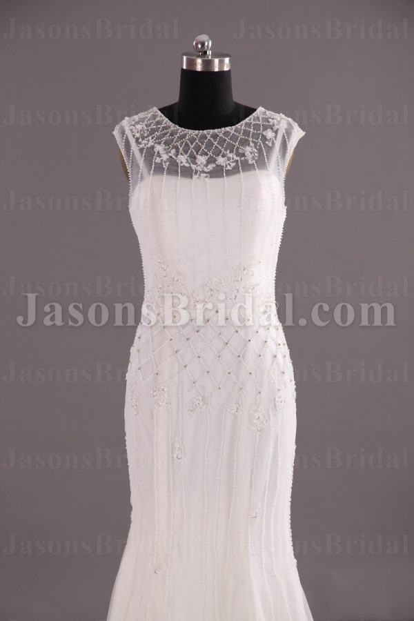 Mermaid Chiffin Wedding Dress Sleeveless Bateau Neckline Beaded Embellished Embroidery with Sweep Train