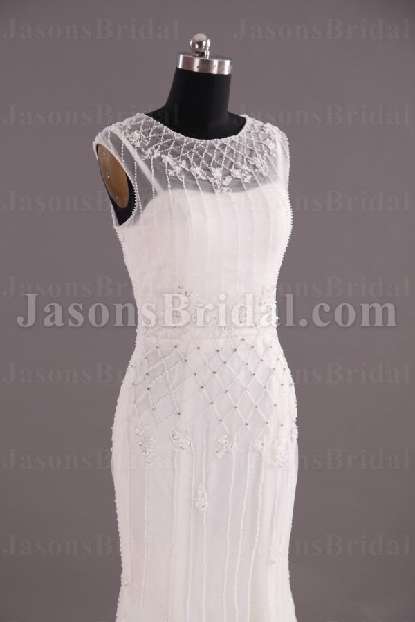 Mermaid Chiffin Wedding Dress Sleeveless Bateau Neckline Beaded Embellished Embroidery with Sweep Train