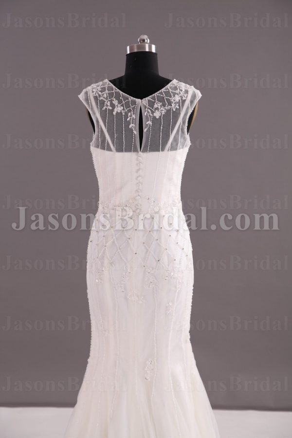 Mermaid Chiffin Wedding Dress Sleeveless Bateau Neckline Beaded Embellished Embroidery with Sweep Train