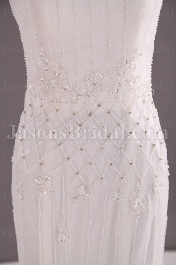Mermaid Chiffin Wedding Dress Sleeveless Bateau Neckline Beaded Embellished Embroidery with Sweep Train