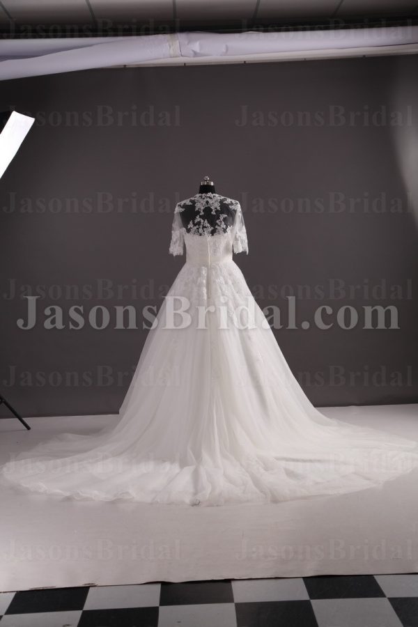 Princess A-line Tulle Wedding Dress Strapless Appliqued Beaded Embellished with Bolero Jacket Chapel Train