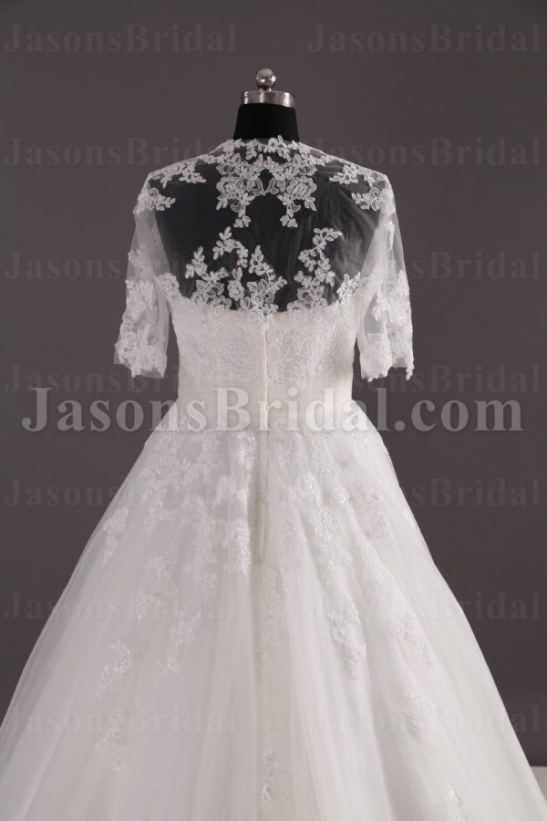 Princess A-line Tulle Wedding Dress Strapless Appliqued Beaded Embellished with Bolero Jacket Chapel Train