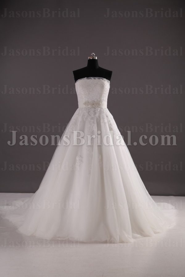 Princess A-line Tulle Wedding Dress Strapless Appliqued Beaded Embellished with Bolero Jacket Chapel Train